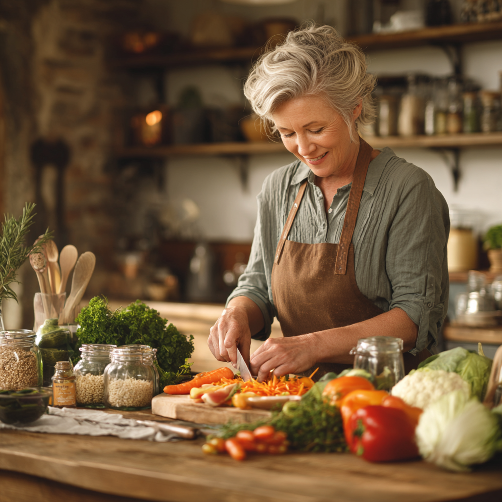 50 years old woman preparing healthy meal with fresh vegetables and grains
