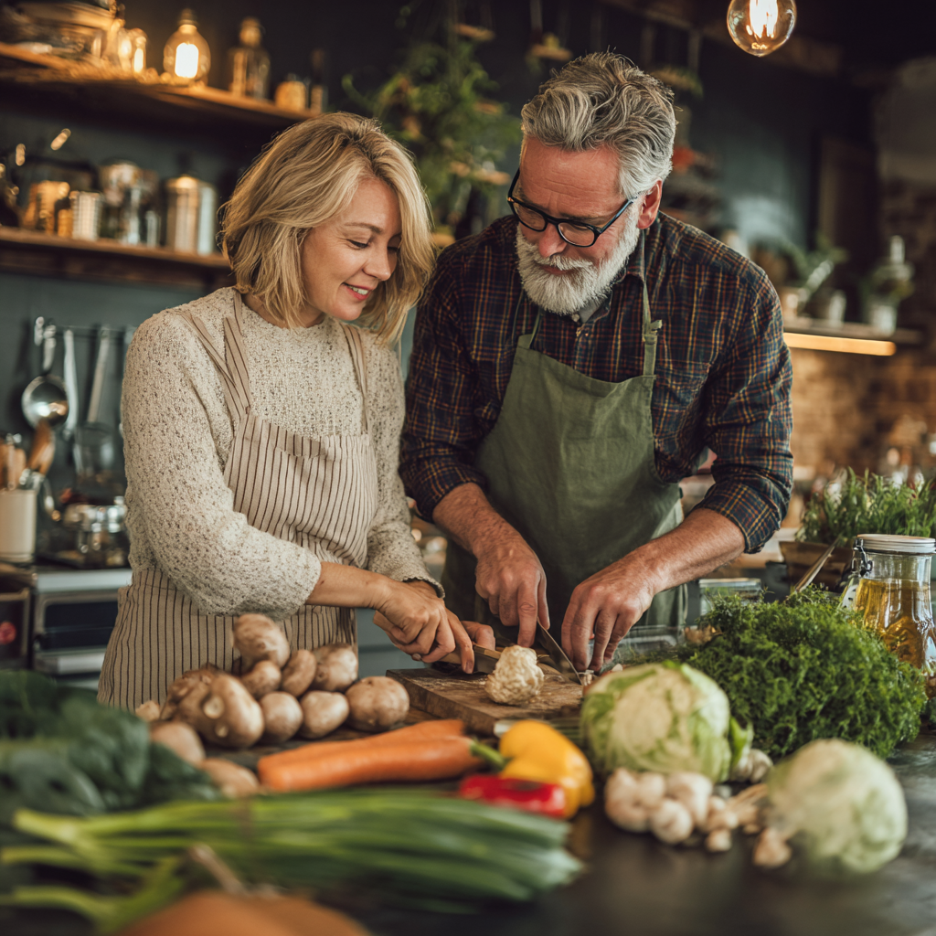 51 years old couple cooking together with seasonal vegetables in modern kitchen