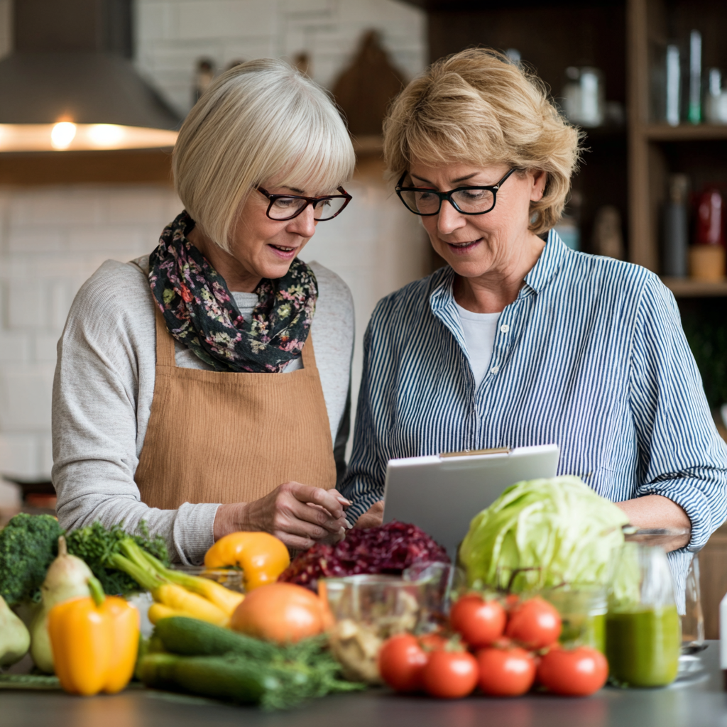 nutritionist 52 years old consulting with 50 years old adult about healthy meal planning and dietary choices