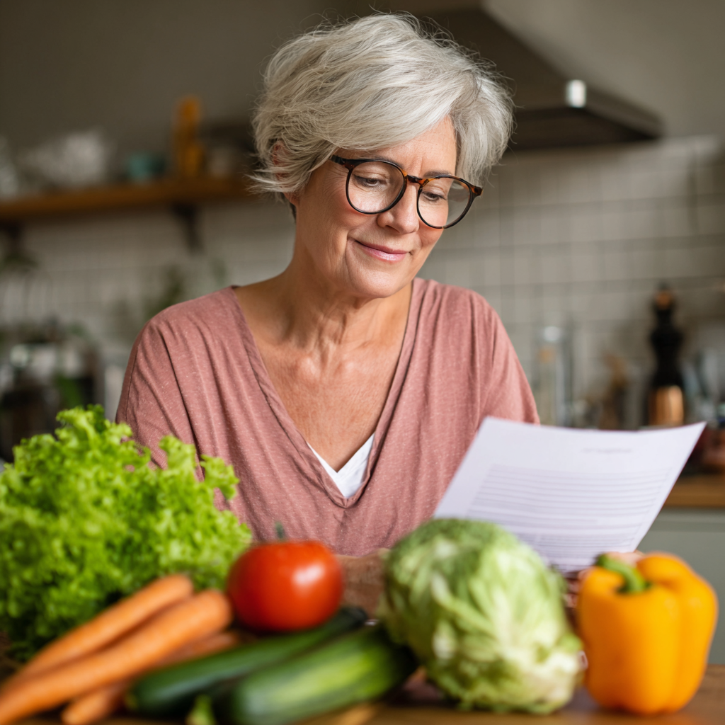 satisfied 53 years old woman reviewing healthy nutrition plan with vegetables